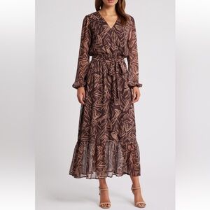 Chelsea28 Brown Long Sleeve Faux Wrap Dress